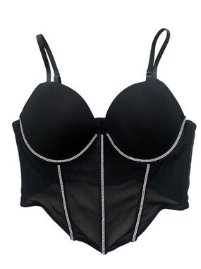 BCBGeneration Black Silver Rhinestones Push Up Corset Bra Size 36C